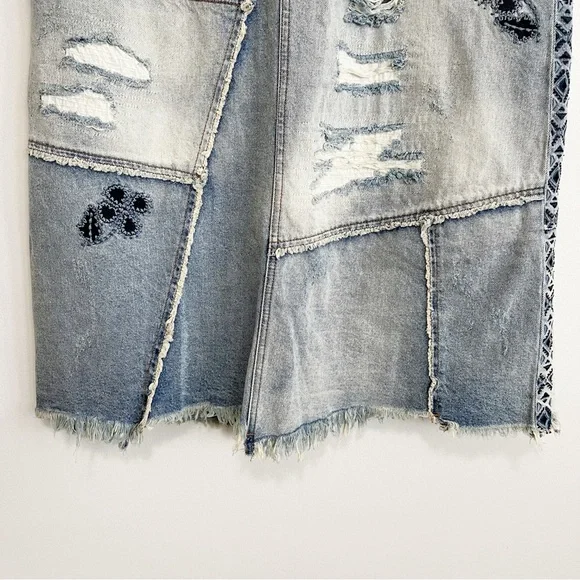 Free People Maxed Out Maxi Denim Skirt Embroidered Patchwork Size 10 - Picture 7 of 16